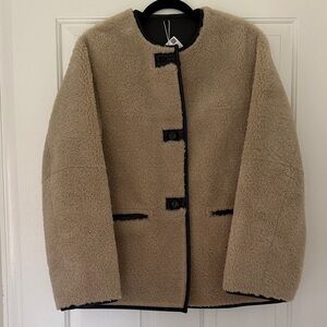 NWT Mango Beige Teddy Shearling Jacket with Black Trim